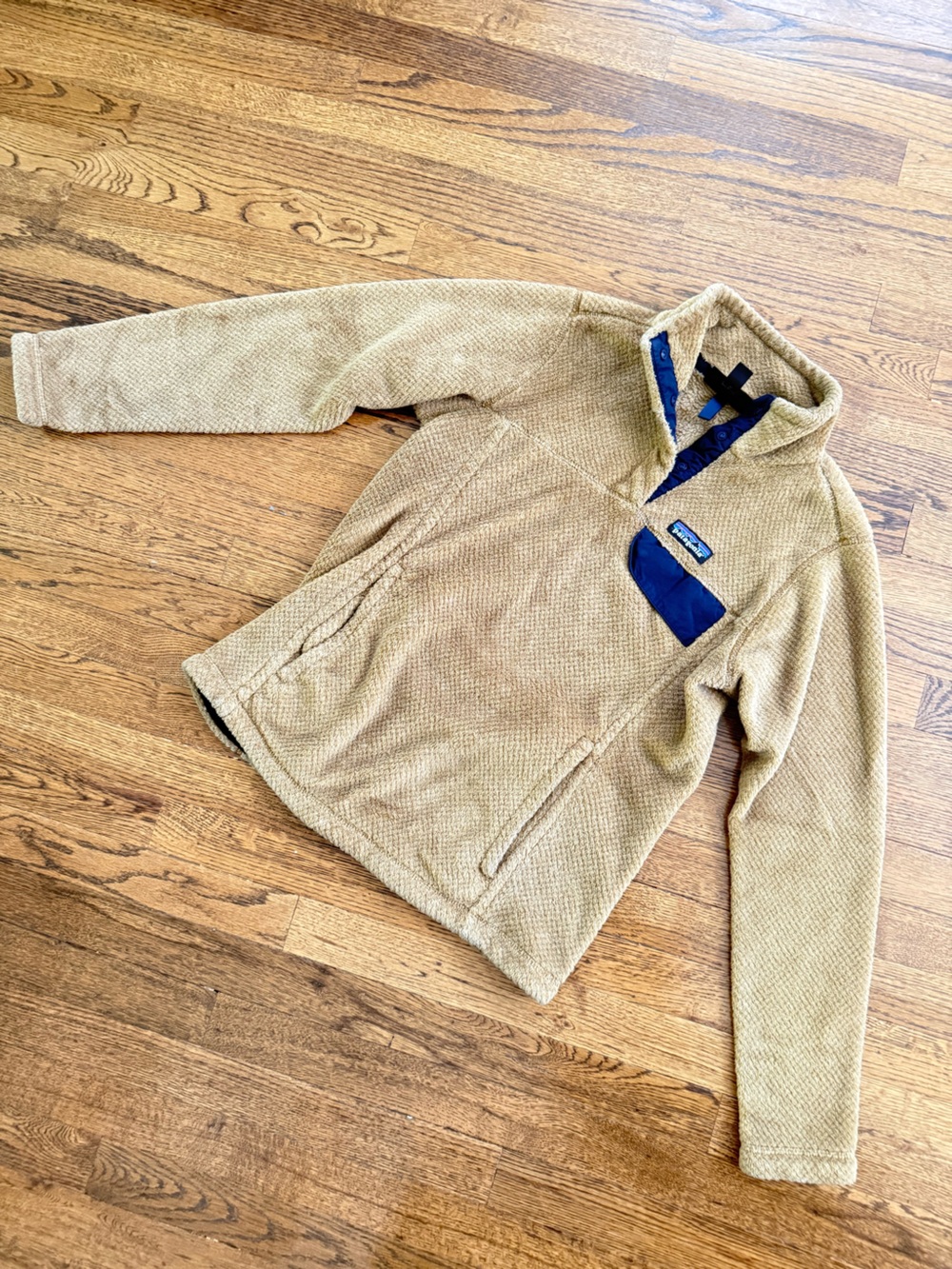 Patagonia Tan Fleece Pullover with Navy Chest Pocket